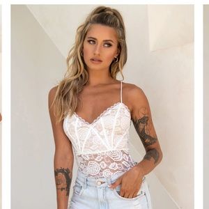 Selfie Leslie White Lace Bodysuit Spaghetti Strap